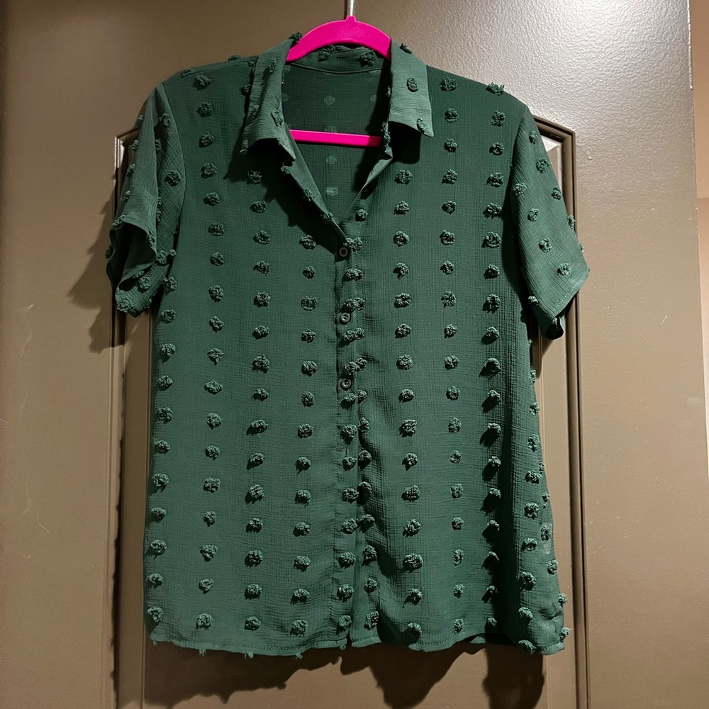 Fall Green Textured Sheer Short Sleeve Button Down